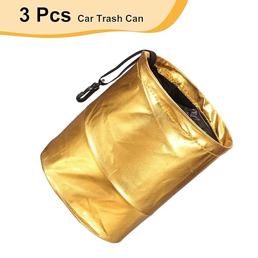 HARFINGTON 3 Packs Car Trash Can 0.9 Gallon Foldable Leak-Proof Garbage Organizer Portable Hanging Waterproof Truck Trash Bins for Van Automotive Vehicle Front Seat, Gold
