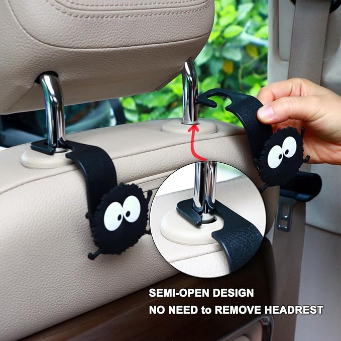 Car Seat Headrest Hook Soot Sprite Plush Auto Hooks for Purses and Bags, Cute Car Accessories, Universal Vehicle Storage Organizer, 2pcs (Sprite-feet)