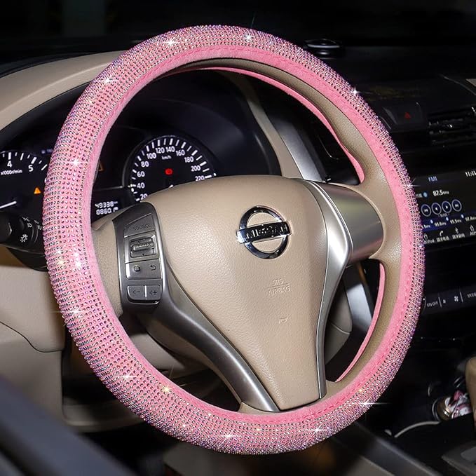 Pink Bling Steering Wheel Cover for Women Sparkly Rhinestone Bedazzled Car Accessories Diamond Cute