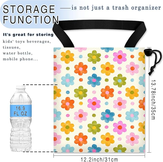 GEGEPINK Car Trash Bag Hanging Back of Seat Waterproof Small Cute Printed One-Handed Strap Drawstring Garbage Bags for Car-Flower