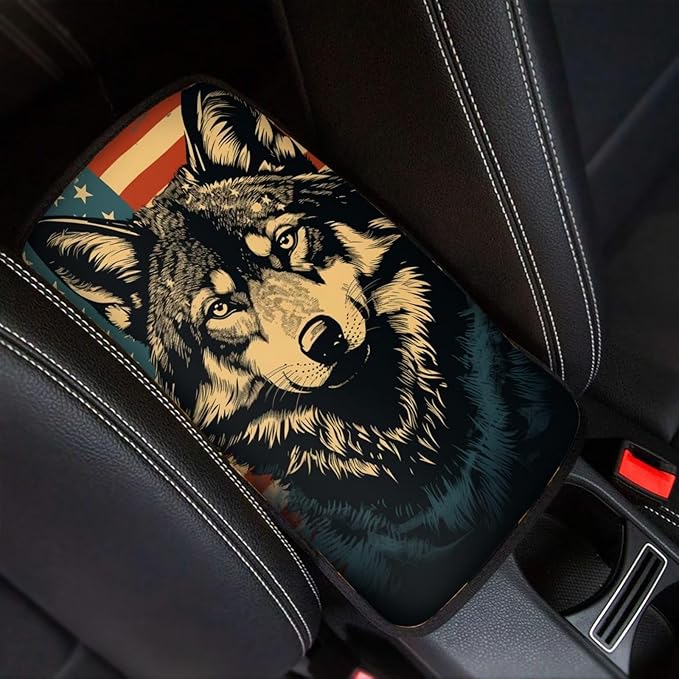 Car Center Console Pad, Universal Waterproof Car Armrest Seat Box Cover, Car Interior Accessories for Most Vehicle SUV Truck Vintage American Flag Wolf Car Armrest Pad