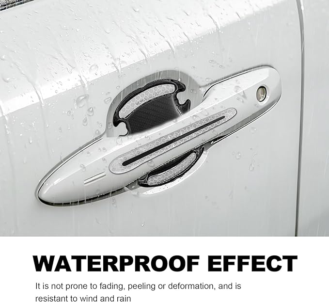 8PCS Universal Car Door Handle Protector Sticker - 3D Carbon Fiber Anti-Scratch Cover, Self-Adhesive & Non-Marking Reflective Safety Strips, Paint Protection Film (Silver)