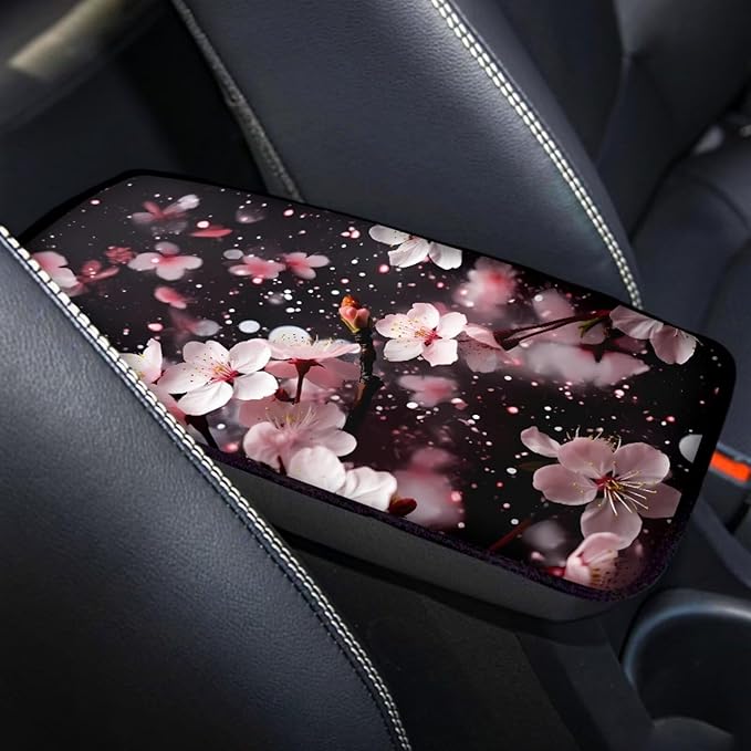 Oriental Cherry Print Center Console Cover Pad Car Armrest Seat Box Cover Cushion Universal for Most Cars SUVs Auto Accessories Decor