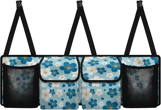 CLOHOMIN Flower Car Trunk Organizers for Women Blue Back Seat Storage Bag with 4 Pockets Fashion Trunk Organizer for SUV Truck Sedan Hanging Car Interior Accessories