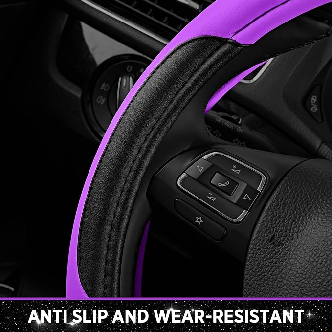 Road Comforts Leather Steering Wheel Cover - Made with PVC Leather - Anti-Slip, Universal Fit 14 1/2 inches to 15 inches - Purple