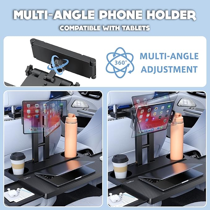 Car Back Seat Tray Table, Stable Foldable Auto Backseat Food Trays Desk for Rear Passenger Road Trip Eating & Work, Multifunctional Adjustable Travel Tray with Phone Drink Holder for Laptop iPad