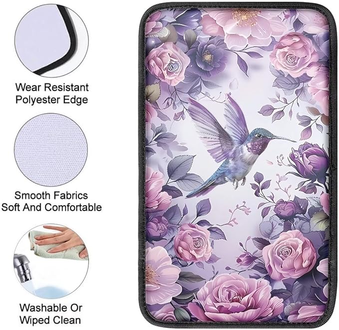 Suobstales Hummingbird Rose Flower Print Car Armrest Pad Soft Center Console Arm Rest Protector Cover Universal Car Interior Accessories Decoration
