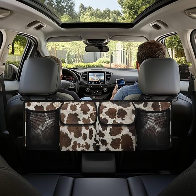 SEANATIVE Brown Cow Car Trunk Organizer, Backseat Hanging Storage with 4 Large Pockets, Collapsible Cargo Bag with Adjustable Straps Frees Trunk Floor, Suit for SUV, Truck, Van