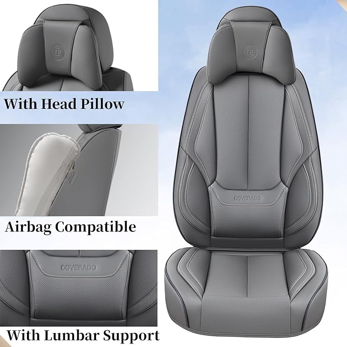 Coverado Universal Seat Covers Full Set, 5 Seats Universal Seat Covers for Cars, Waterproof Nappa Leather Car Seat Covers with Head Pillow, Auto Protectors Fit for Most Sedans SUV Pick-up Truck-Gray