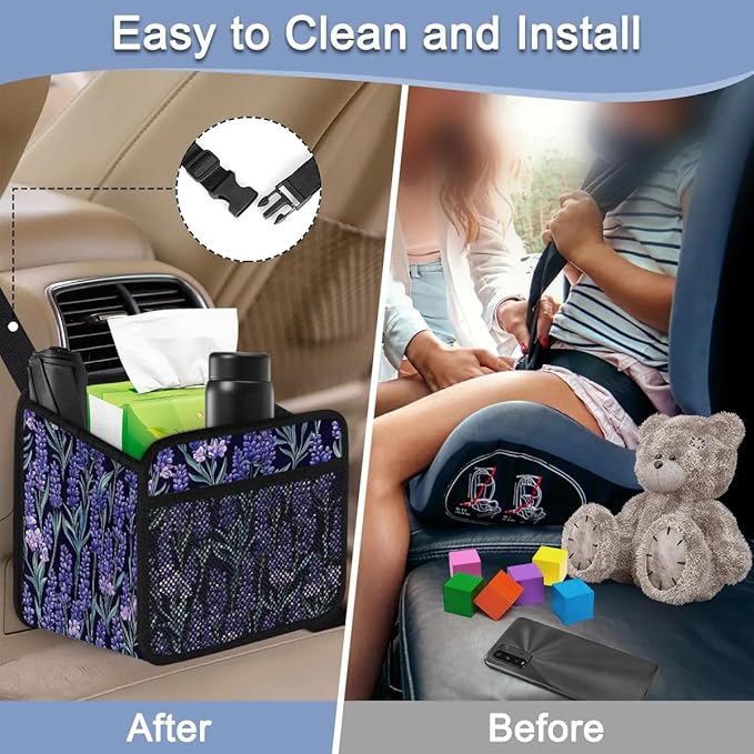 Lavenders Purple Dark Car Backseat Organizer PU Leather Automotive Back Seat Storage Bag Universal Hanging Garbage Box Travel Accessories Foldable