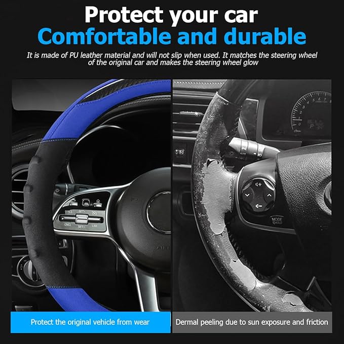 Car Steering Wheel Cover, Non-Slip Vehicle Steering Wheel Protector, Automotive Interior Accessories for Women Men, 15 Inch Universal for SUV, Truck, RV, Van and More（Black/Blue）
