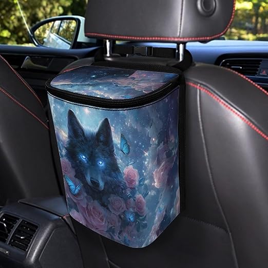 Talayituse Wolf Rose Butterfly Print Car Trash Can with Lid, Leak Proof Auto Trash Bag Hanging Vehicle Garbage Can Multipurpose Storage Container for Back Seat Road Trip