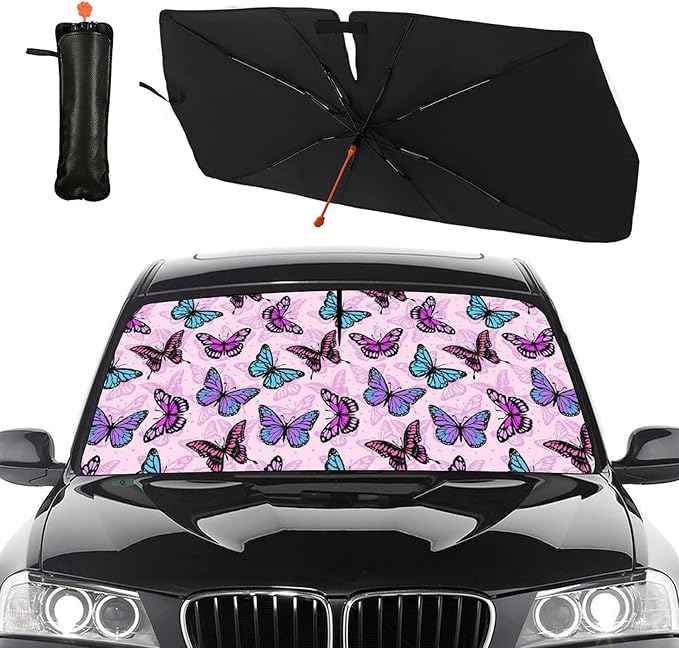 DOPINDU Butterfly Car Windshield Sun Shade Umbrella Bendable Handle Foldable Colorful Sunshade for Car Cute Front Window Shades Block UV Rays Protect Automotive Interior 57"x30"