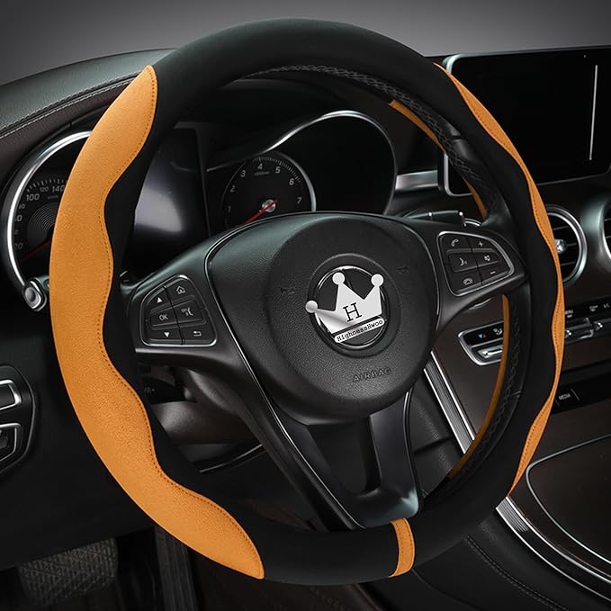 Luxury Suede Steering Wheel Cover for Cars, Soft Leather Padded Wheels Cover for F150, Trucks, Jeep, Van, Auto Thin Large Car Handle Cover, Universal Fit, Anti Slip, 15.2-16in, Orange