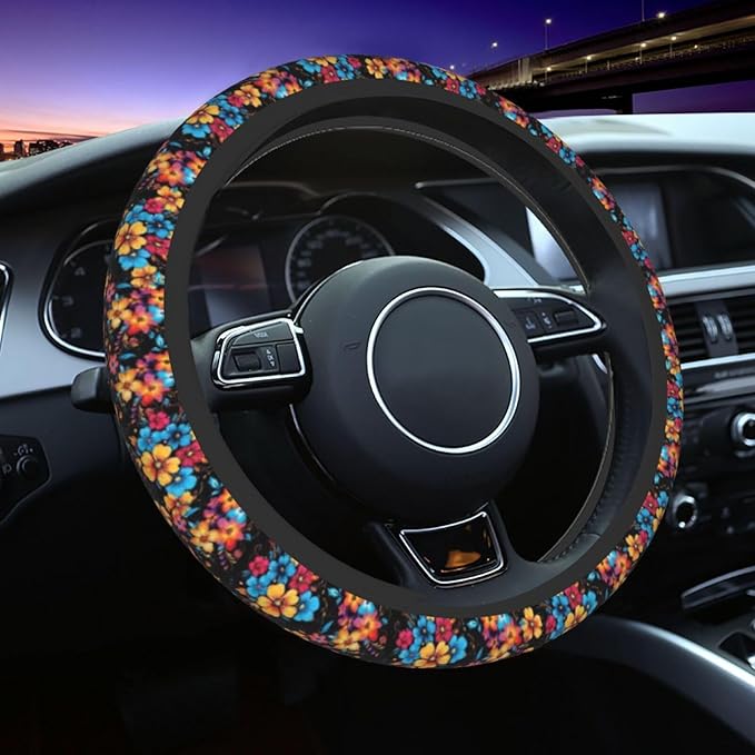 Colorful Floral Steering Wheel Cover for Women Men Girls Car Accessories Decor Anti-Slip Neoprene Auto Steering Wheel Covers Protector Universal 15 Inch