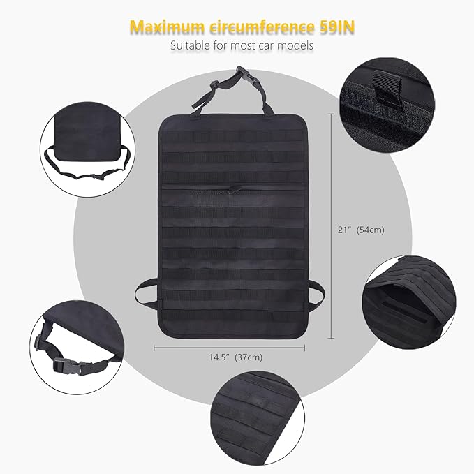 Universal Tactical Car Seat Back Organizer Bag Tactical Molle Vehicle Organizers Panel Gear Accessories with 5 Different Size Molle Pouches for Car Truck Ford Jeep Vehicle (A style-Black)