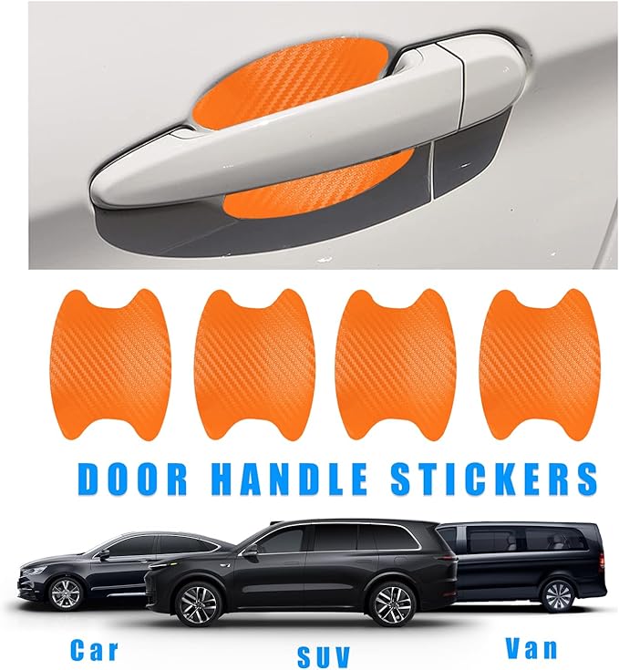 Ziciner 8 PCS Car Door Handle Sticker, Carbon Fiber Texture Auto Door Handle Protective Films, Anti-Scratches Door Side Handle Paint Guard, Universal Vehicle Accessories for Most Car (Orange)