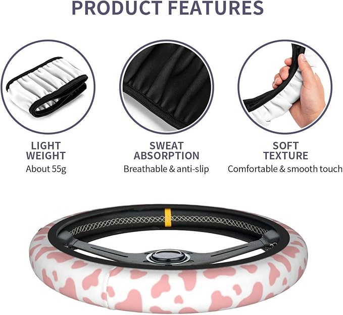 Pink Cow Print Steering Wheel Cover for Women Men with 2 Pcs Car Coasters, Universal 14.5-15 Inch Rainbow Steering Wheel Covers Non-Slip Car Accessories for Girls