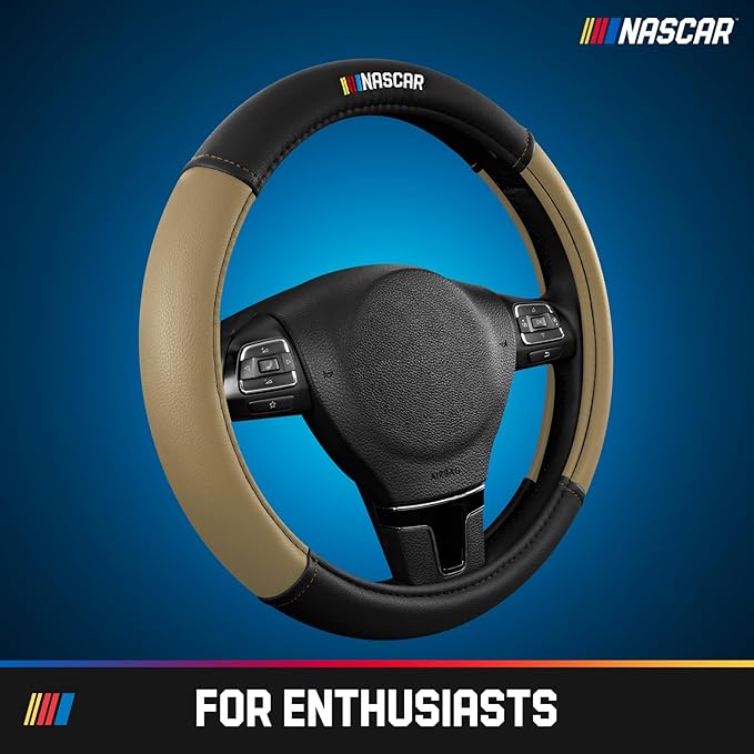 NASCAR Steering Wheel Cover, Two-Tone Beige Leather Patchwork, Universal Fit 14.5"-15.5" Steering Covers for Cars, Anti-Slip, Soft Grip, Odor-Free, Trucks & SUVs, Racing Style Interior Upgrade