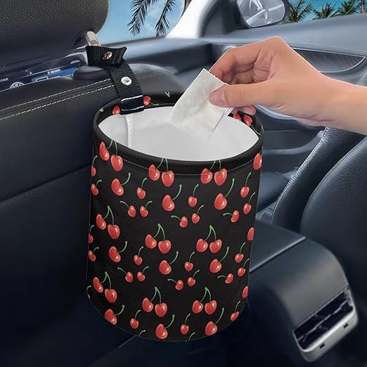 Brosoneto Red Cherry Car Trash Can - Cute，Portable,Collapsible Back Seat, Front Console, Floor, or Hanging Headrest Waste Basket Car Garbage Bag