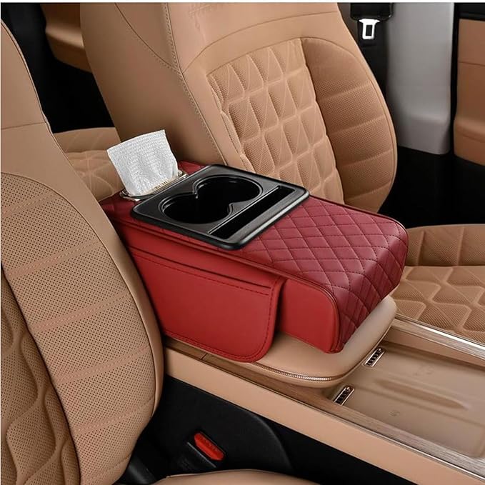 Car Armrest Cushion for Ford Focus I Sedan 1998-2001 2002 2003 2004 2005, Car Center Console Cover Armrest Pad with Cup Holder and Tissue Box, Car Accessories,Red