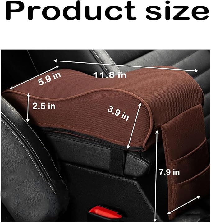 SPANICE Auto Center Console Armrest Pillow Pad, Car Armrest Cushion Soft Memory Foam with Phone Holder Storage, Pockets Bag Seat Cushion Universal Fit for Most Car (Brown)