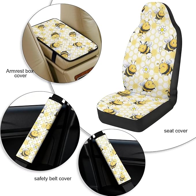 FUSURIRE Universal Yellow Bee Car Interior Accessory Set 5Pcs PU Front Seat Covers, Seat Belt Covers & Center Armrest PadFit for SUV Truck Van Year Round Use