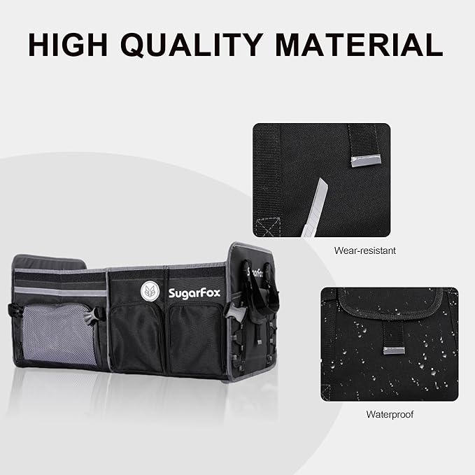 SugarFox Car Trunk Organizer | 63L, 23.6"x14"x12.2" | Dedicated Shoe Space, Adjustable Straps | Waterproof, Collapsible | for SUVs/Small Midsize Cars - Black-X212