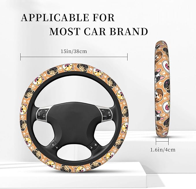 Cute Dog Print Neoprene Steering Wheel Cover Anti-Slip Elastic Pet Face Steering Wheel Protective Cover 15in Universal Car Accessories Fit Cars, SUVs, Auto