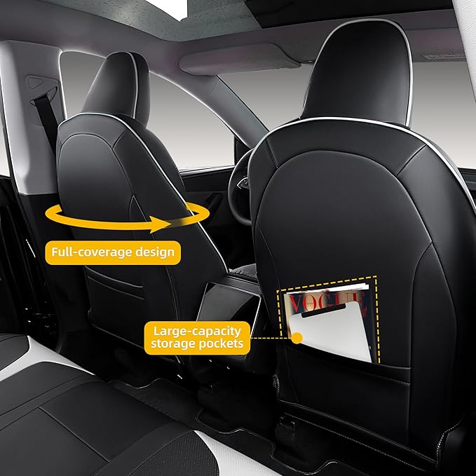 OURPLOT Custom Fit Seat Covers for 2025 2026 Tesla Model Y Juniper (5-Seater), Waterproof Breathable Nappa Leather, OEM Factory Style Full Set Car Seat Protectors Airbag Compatible - Black+White