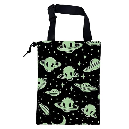 KXWQTRDD Car Trash Bag Abstract Green Aliens and UFO Leak-Proof Car Garbage Bag with Drawstring Foldable Canvas Trash Bin with Adjustable Buckle for Car Accessories
