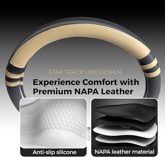 Sport Steering Wheel Cover for Cars – Premium Black & Beige NAPA Leather, Dynamic Stitching, Enhanced Grip, Comfortable Fit for 15 Inch Wheels, Easy to Install (Beige, M-15)