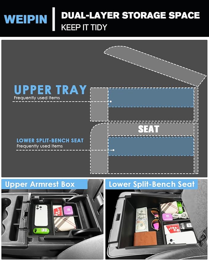 For 2PCS Center Console Upper&Lower Armrest Organizer ABS Materials Compatible with 2014–2019 Chevy Silverado/GMC Sierra 1500&2015–2019 Silverado/Sierra 2500HD/3500HD - Split-Bench Folding Seat