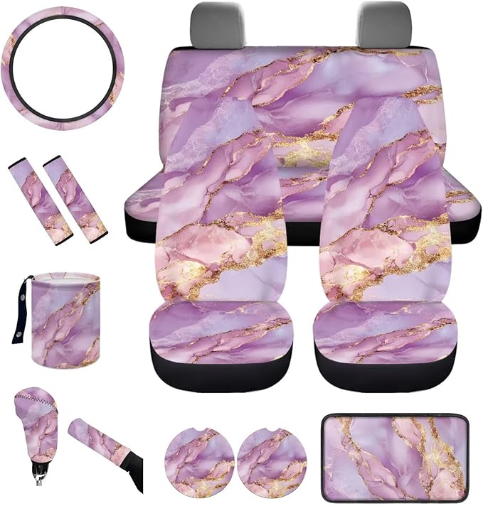 Dngkaoje 13 Pack Pink Marble Print Car Seat Cover Set with Steering Wheel Cover Seat Belt Strap Cover Garbage Cans Coasters,Marble Texture Front and Rear Split Bench Seat Covers for Cars