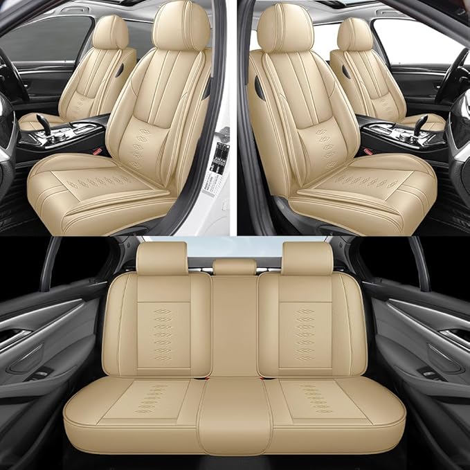 Premium Universal Car Seat Cover, Comfortable Leather Seat Cover for 96% of Models, Waterproof Car Seats Protectors Cushions for 5 Seats(Beige)