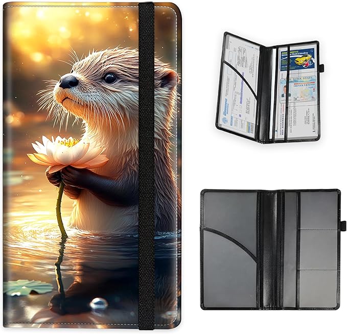 Tudguiloae Car Registration and Insurance Card Holder, Trunk Document Holder Organizer, Essential Vehicle Glove Box Organizer PU Leather Wallet for Driver,Otter with Lotus