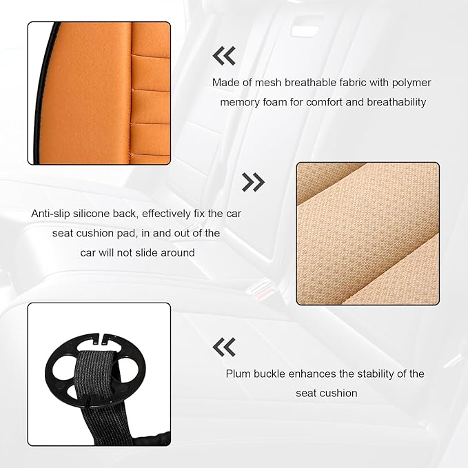Car Seat Cushion, 1.2" Thick Comfort Memory Foam Auto Seat Pad with Non Slip Bottom, Breathable Driver Seats Pillow Pressure Relief Chair Cushion for Vehicle Office Home (Orange)
