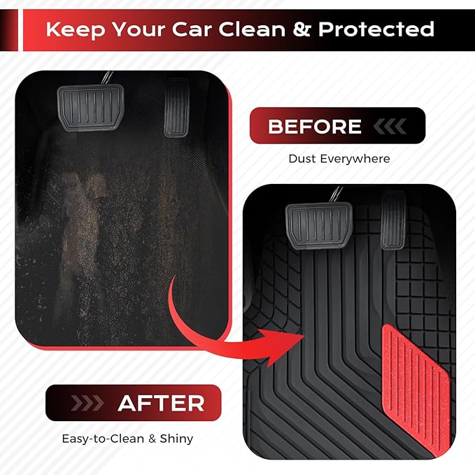Coverado Heavy-Duty PVC Car Floor Mats Full Set – Red Metallic Heel Pad, All-Weather Protection for Front & Rear, Non-Slip Backing, Easy-to-Clean Liners, 4 Pcs
