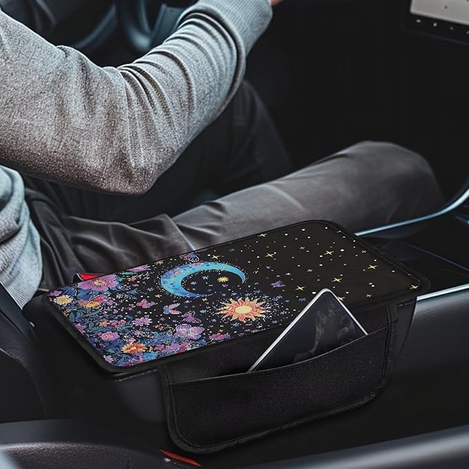 Dreaweet Car Center Console Cover Sun and Moon Floral Car Accessories for Women Girly,Car Armrest Cover with Storage Pockets Universal Arm Rest Center Console Cushion Pad Soft & Comfy