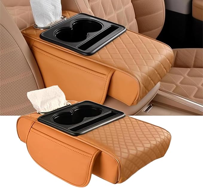 AHFBF Multifunctional Pu Leather Car Armrest Box Mat, Armrest Box Pad for Car, Leather Car Armrest Box Pad with Cup Holders, Car Armrest Box Mat, 5-in-1 Car Center Console Cover (Orange)