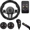 6 Pcs Black Cat Car Steering Wheel Covers Set Animal Cat Auto Interior Accessories Cup Holder Armrest Pad Seatbelt Cushion for Mens Womens