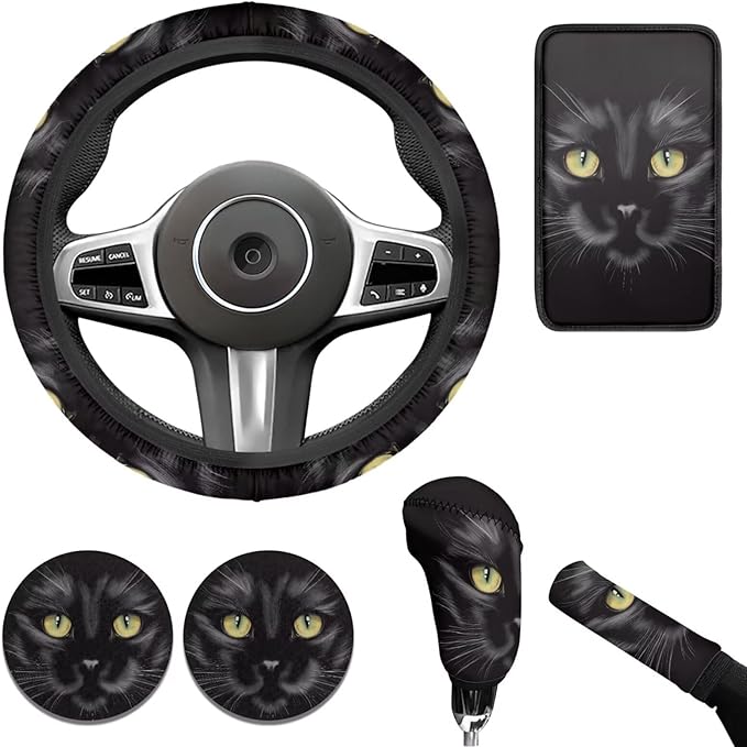 6 Pcs Black Cat Car Steering Wheel Covers Set Animal Cat Auto Interior Accessories Cup Holder Armrest Pad Seatbelt Cushion for Mens Womens