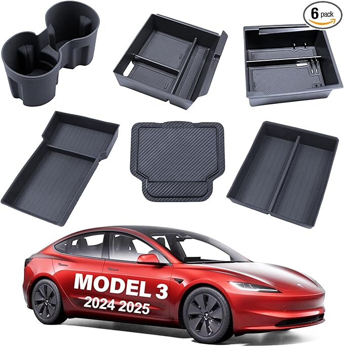 cybtkcar for Tesla Center Console Organizer Model Y Juniper Model 3 Highland Accessories 2025 2026 Upgrade Refreshed Car Organizer Storage Tray Hidden Storage Box Cup Holder Armrest Lower Tray 6PCS