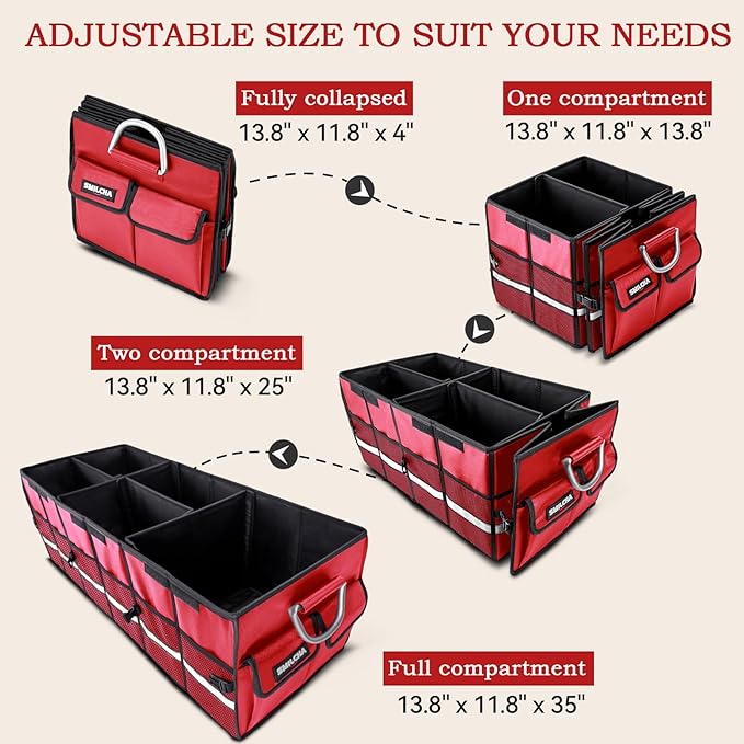 Heavy-Duty Extra Large 100L Premium Foldable Car Trunk Organizer with Lid + 26L Cooler Bag, Waterproof Robust Durable 1680D Oxford & Multi-Compartment Collapsible for SUV, Truck, Van, Sedan (Red)