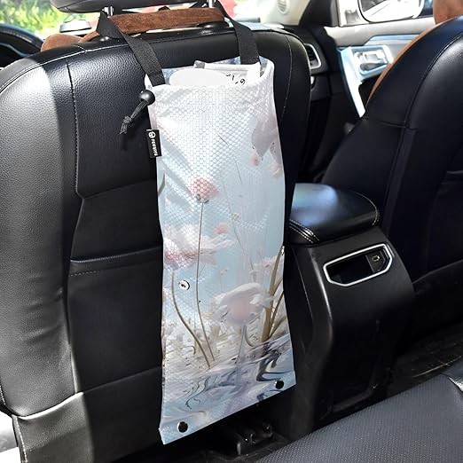 ALAZA Hanging Car Trash Bags Garbage Bag Trash Can for Back Seat Small White Flower Washable Storage Bag Retractable 2 Pack