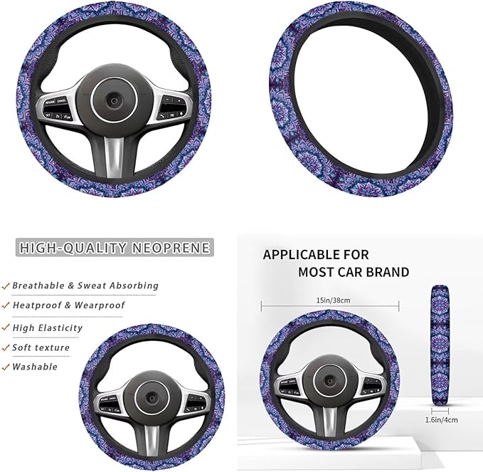 6PCS Hippie Car Steering Wheel Cover Sets Boho Lotus Cup Holder Handbrake Gear Cover Auto Interior Accessories for Men Women