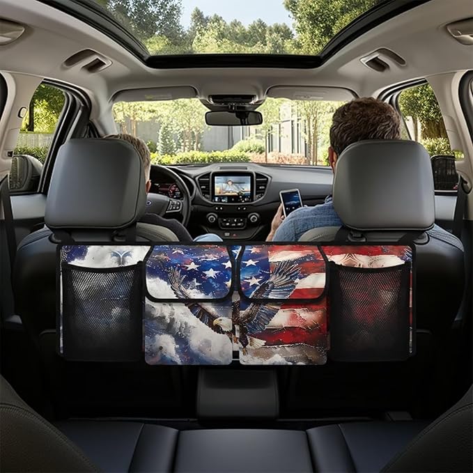 Eagle America Flag Car Trunk Organizer, Hanging Seat Back Storage Organizer with Large Pockets, Space-Saving Backseat Car Organizer, Large Capacity Collapsible Bag for Most Vehicles
