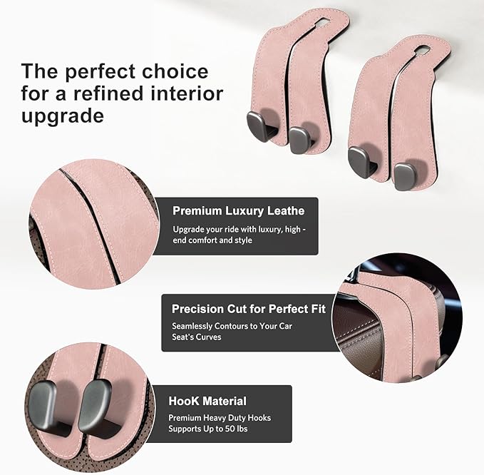 CoBak Purse Hook for Car - Universal Premium Stitched Leather and Aluminum-Magnesium Alloy Double Car Seat Back Storage Hook for Purses, Handbags, Bags (2 Pack),Blush Pink