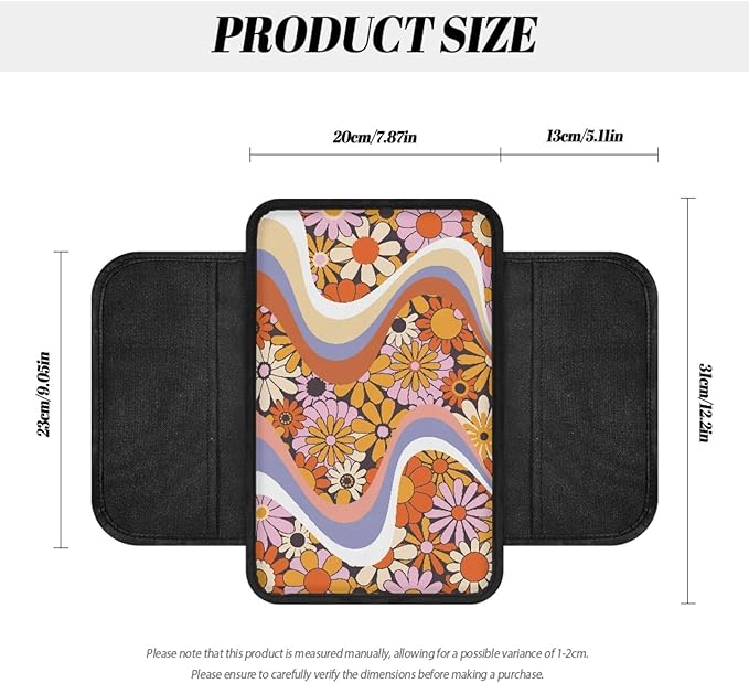 CLOHOMIN Hippie Flower Car Arm Rest Cover Pad Universal Fit Most Vehicles Floral Car Center Console Armrest Storage Box Cover Auto Interior Accessories with Storage Pockets