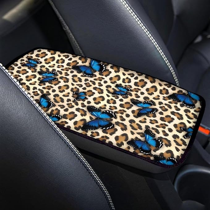 Butterfly Leopard Car Armrest Cover Pad for Women Girls Non Slip Cheetah Print Center Console Cushion Dustproof Car Armrest Box Protector Cover Breathable Soft